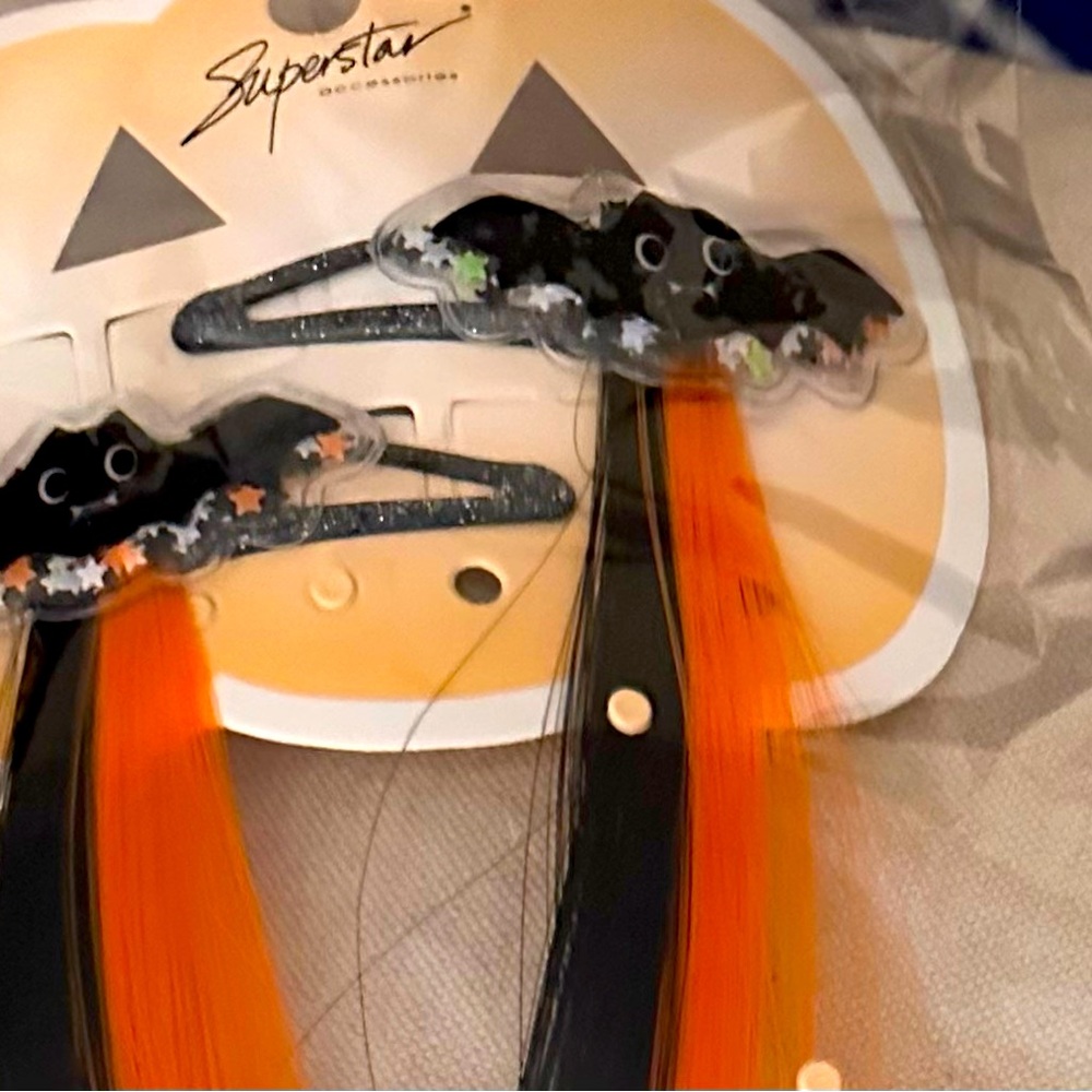 NWT HAIR Clip on barrettes with black and orange extensions